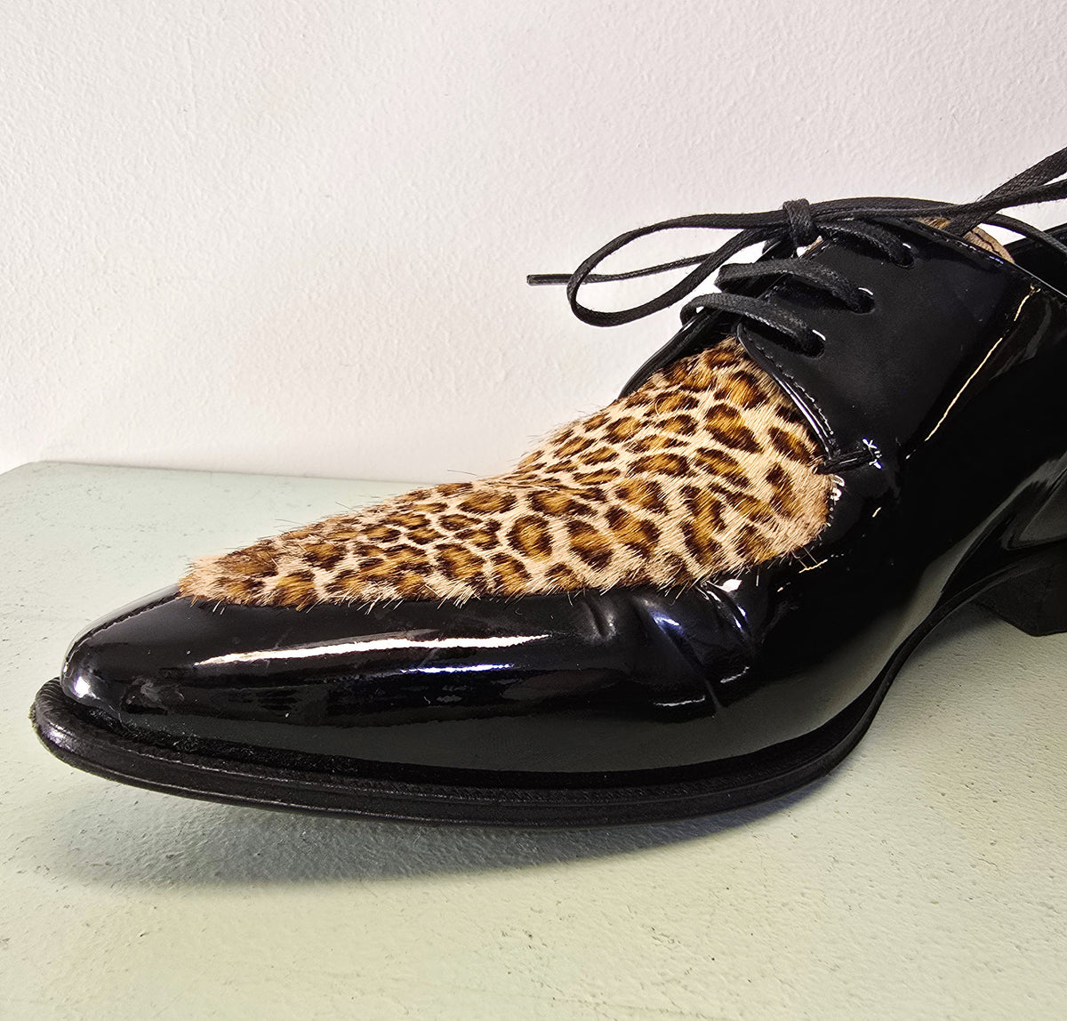 Celine SS20 Hedi Slimane Leopard Print Patent Leather Pointed Toe Derbies