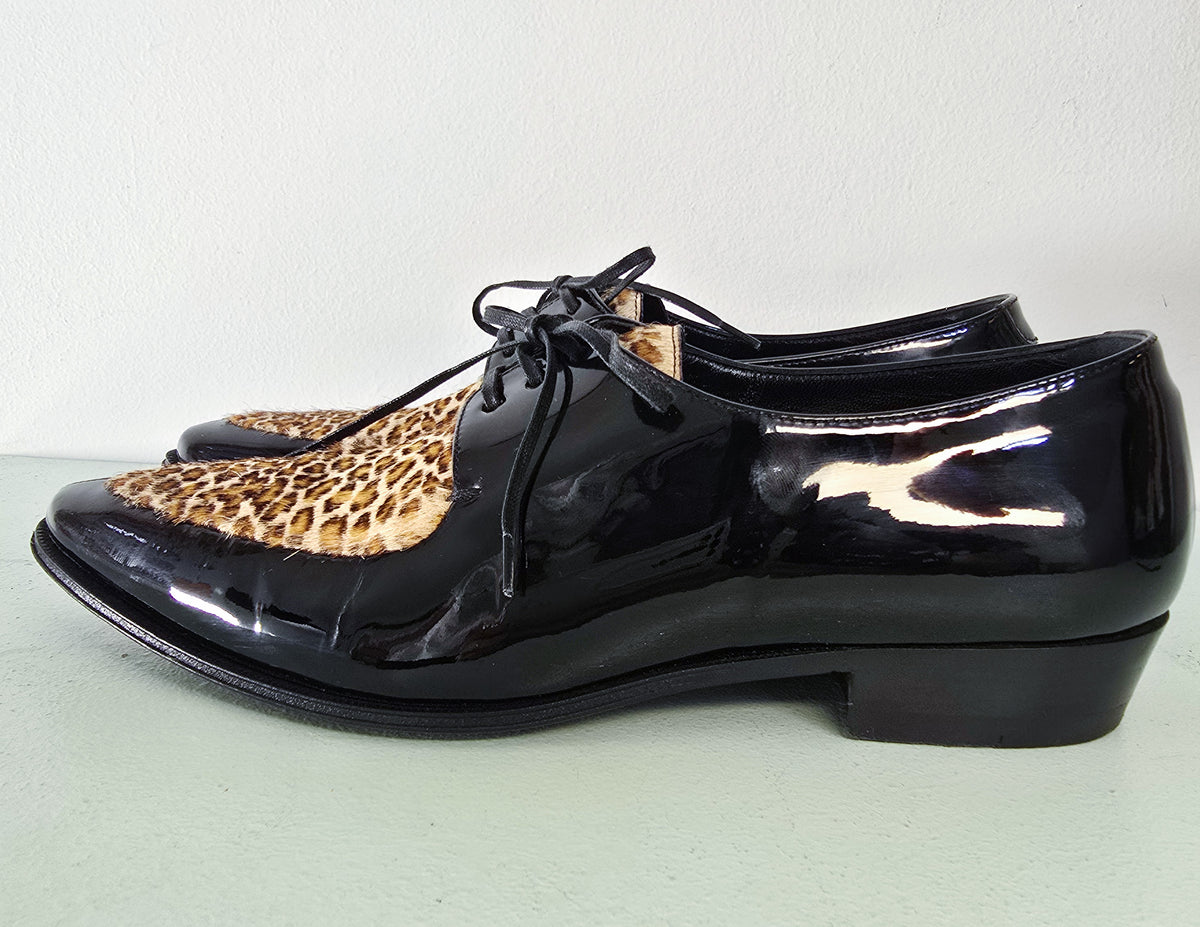 Celine SS20 Hedi Slimane Leopard Print Patent Leather Pointed Toe Derbies
