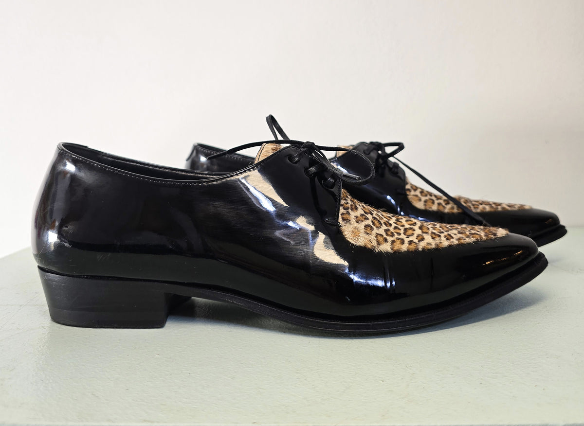 Celine SS20 Hedi Slimane Leopard Print Patent Leather Pointed Toe Derbies