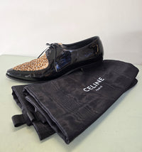 Celine SS20 Hedi Slimane Leopard Print Patent Leather Pointed Toe Derbies