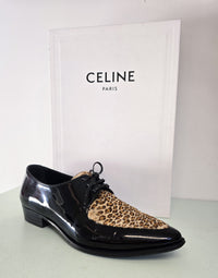 Celine SS20 Hedi Slimane Leopard Print Patent Leather Pointed Toe Derbies