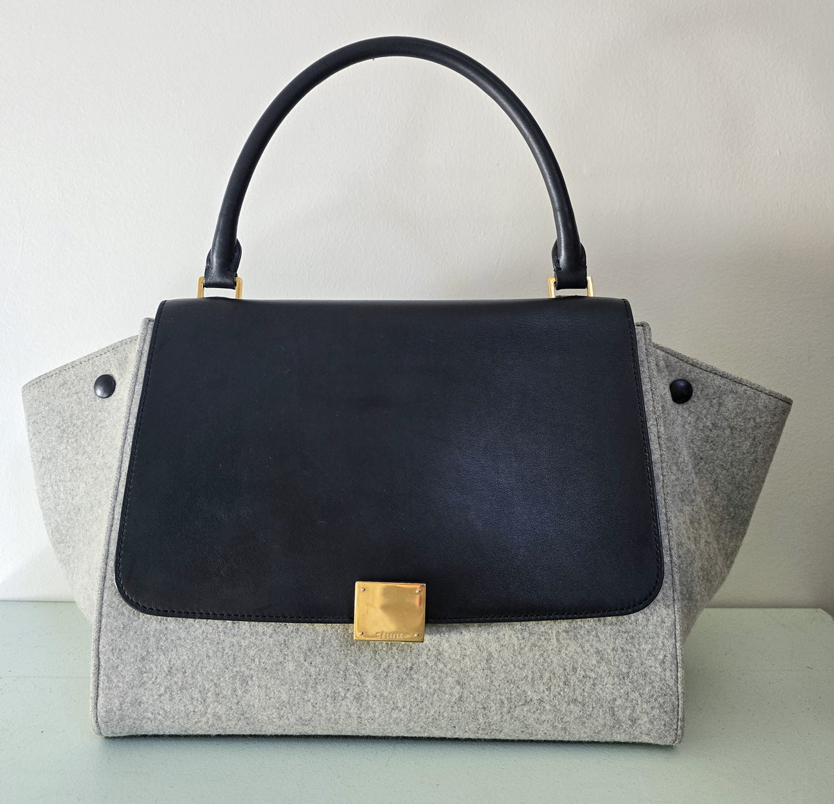 Celine Trapeze Bag Grey Felt Black Leather