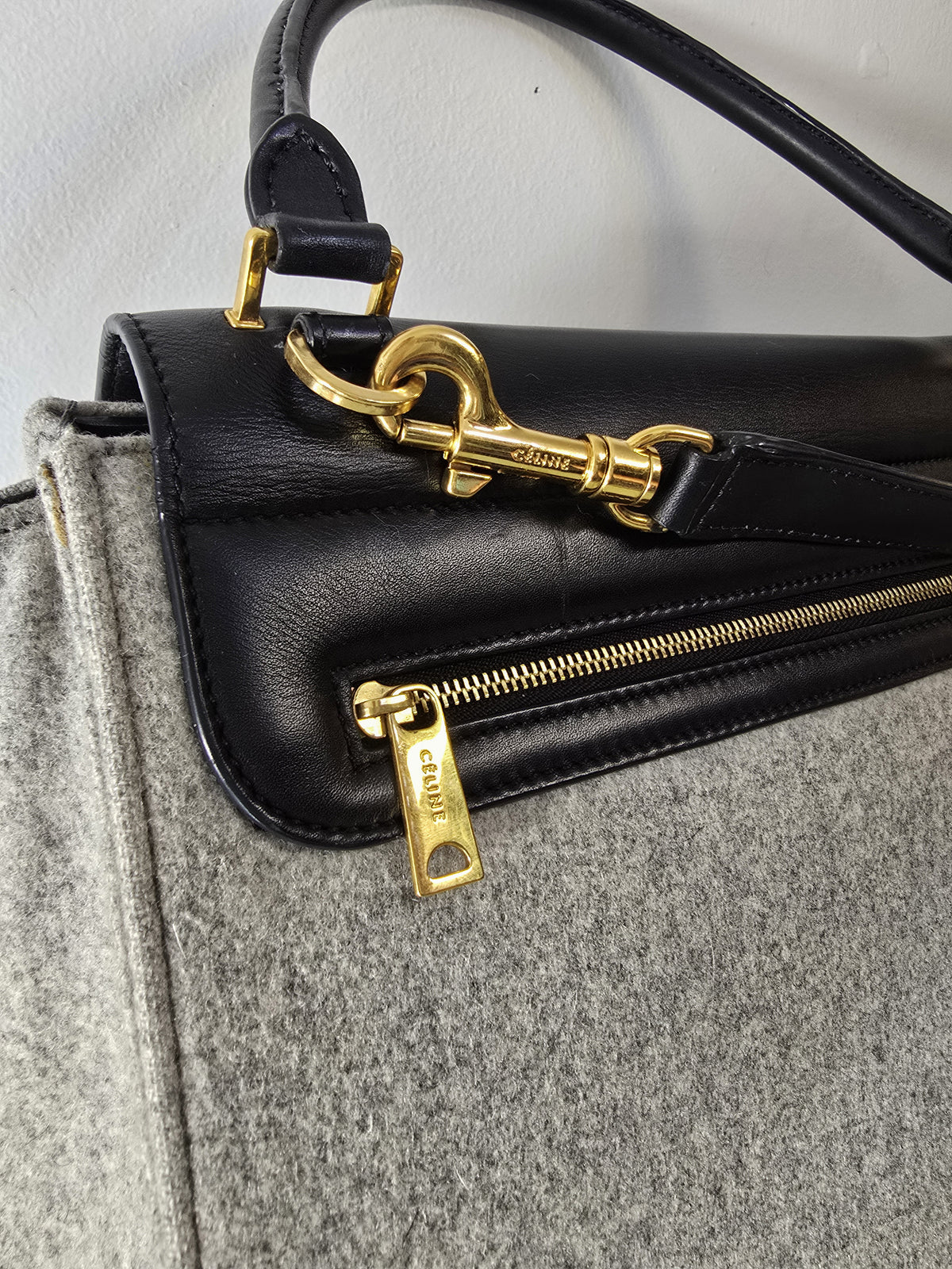 Celine Trapeze Bag Grey Felt Black Leather