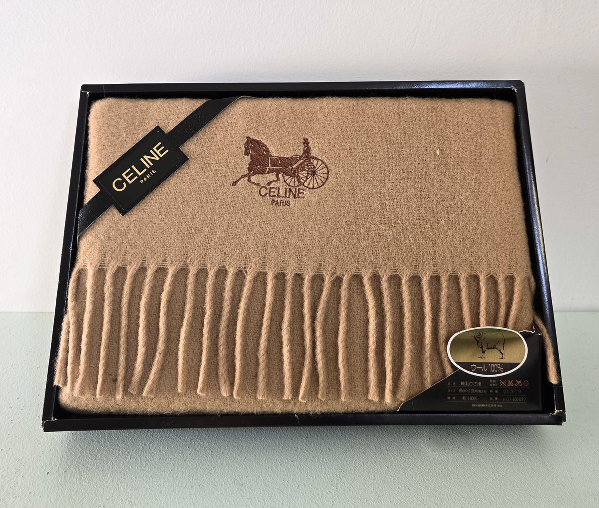 Celine Wool Scarf Camel Beige Horse Carriage Logo