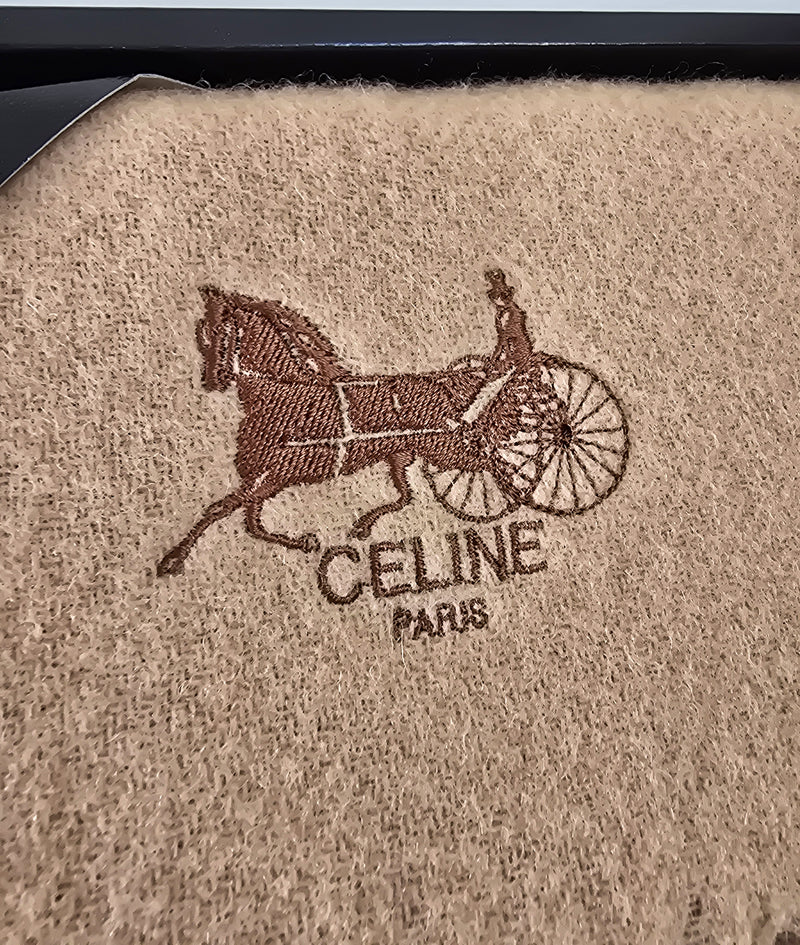 Celine Wool Scarf Camel Beige Horse Carriage Logo