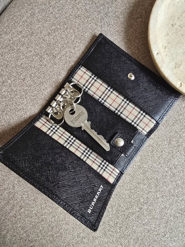 Burberry Multi Key Holder with Check Canvas & Black Leather