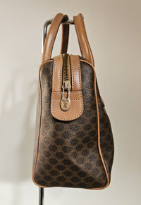 Celine Boston Bag in Macadam Coated Canvas with Beige Leather Trim