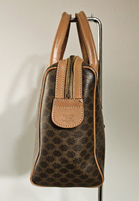 Celine Boston Bag in Macadam Coated Canvas with Beige Leather Trim