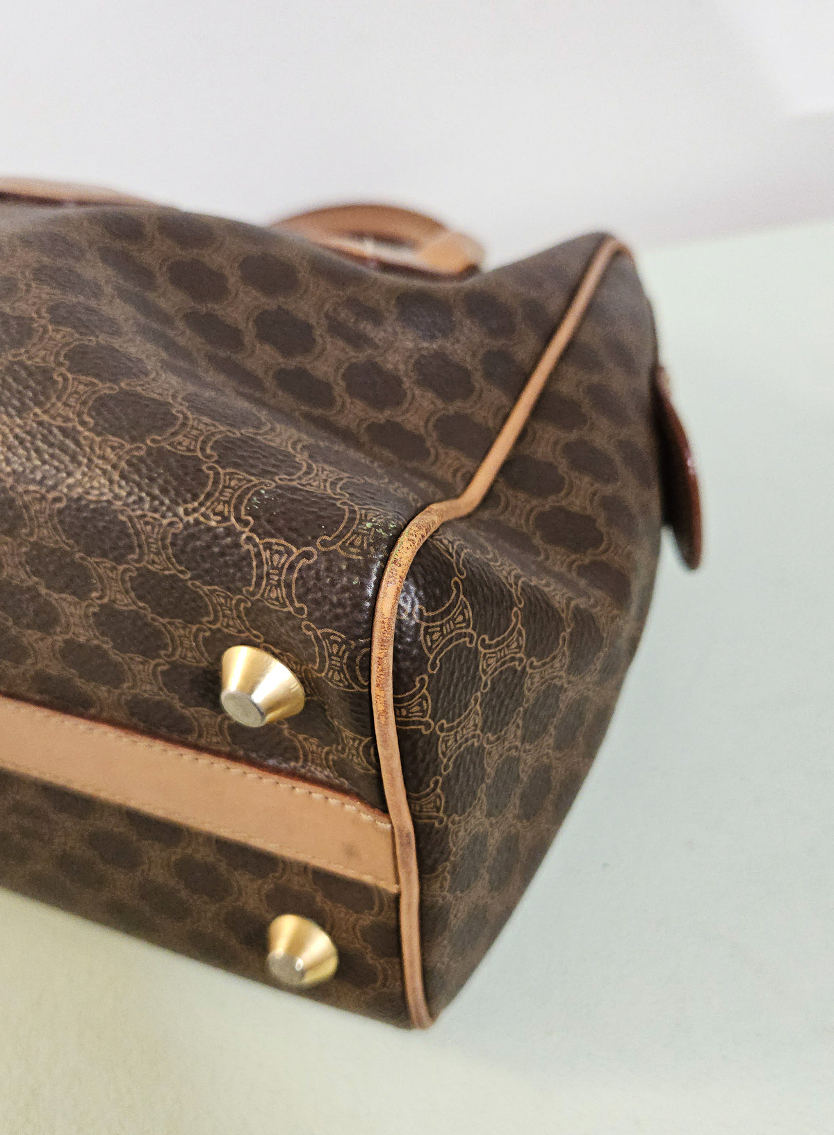 Celine Boston Bag in Macadam Coated Canvas with Beige Leather Trim