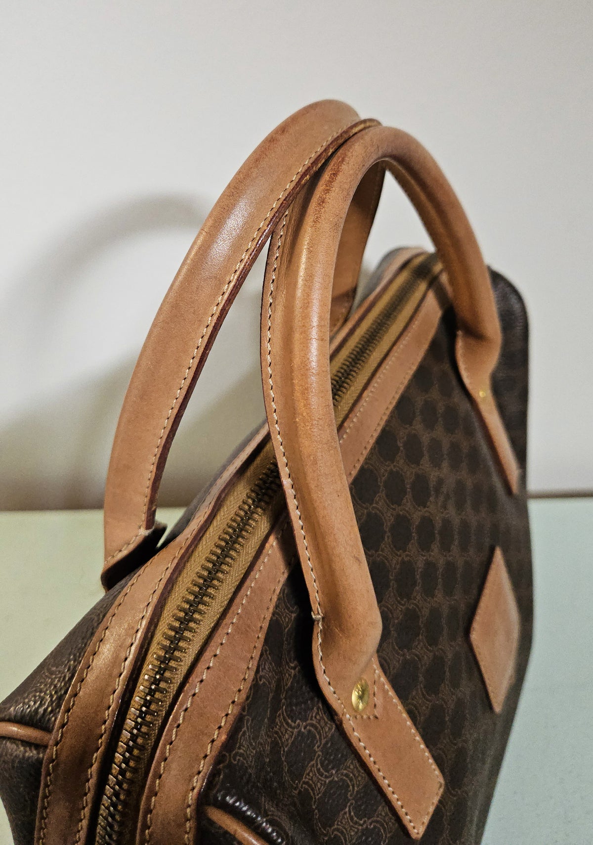 Celine Boston Bag in Macadam Coated Canvas with Beige Leather Trim