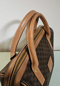 Celine Boston Bag in Macadam Coated Canvas with Beige Leather Trim