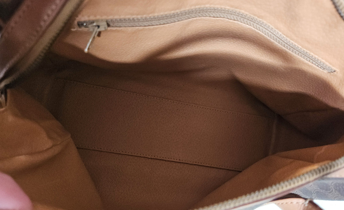 Celine Boston Bag in Macadam Coated Canvas with Beige Leather Trim