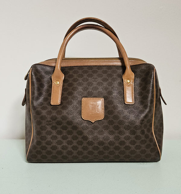 Celine Boston Bag in Macadam Coated Canvas with Beige Leather Trim