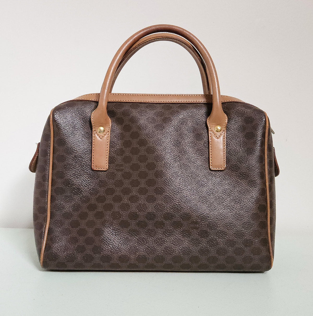 Celine Boston Bag in Macadam Coated Canvas with Beige Leather Trim