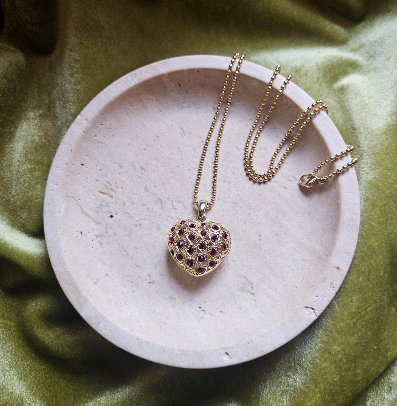 Collier Sautoir Dior Chaine à Bille Cœur Plaqué Or et Strass Rubis