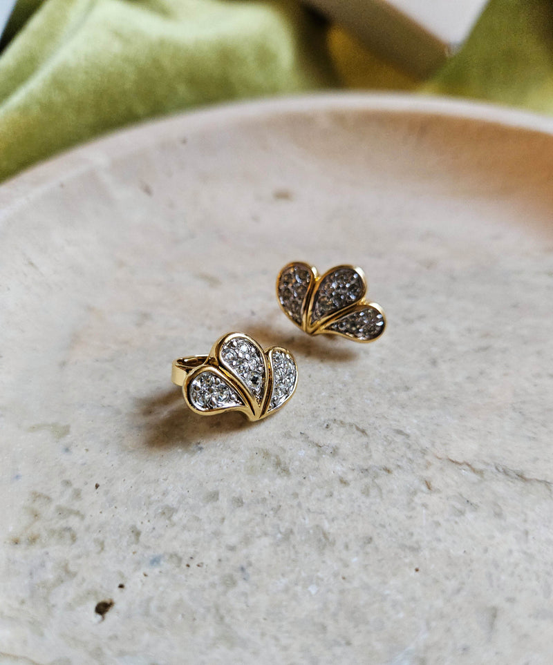 Mini Boucles d’Oreilles Nina Ricci Vintage à Clip Goutte Plaqué Or et Strass Cristal