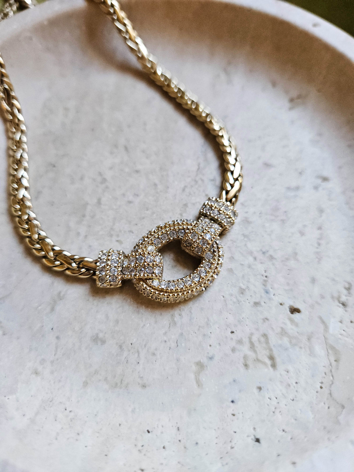 Vintage Christian Dior Gold-Plated Chain Necklace with Clear Rhinestones Gourmette Chain