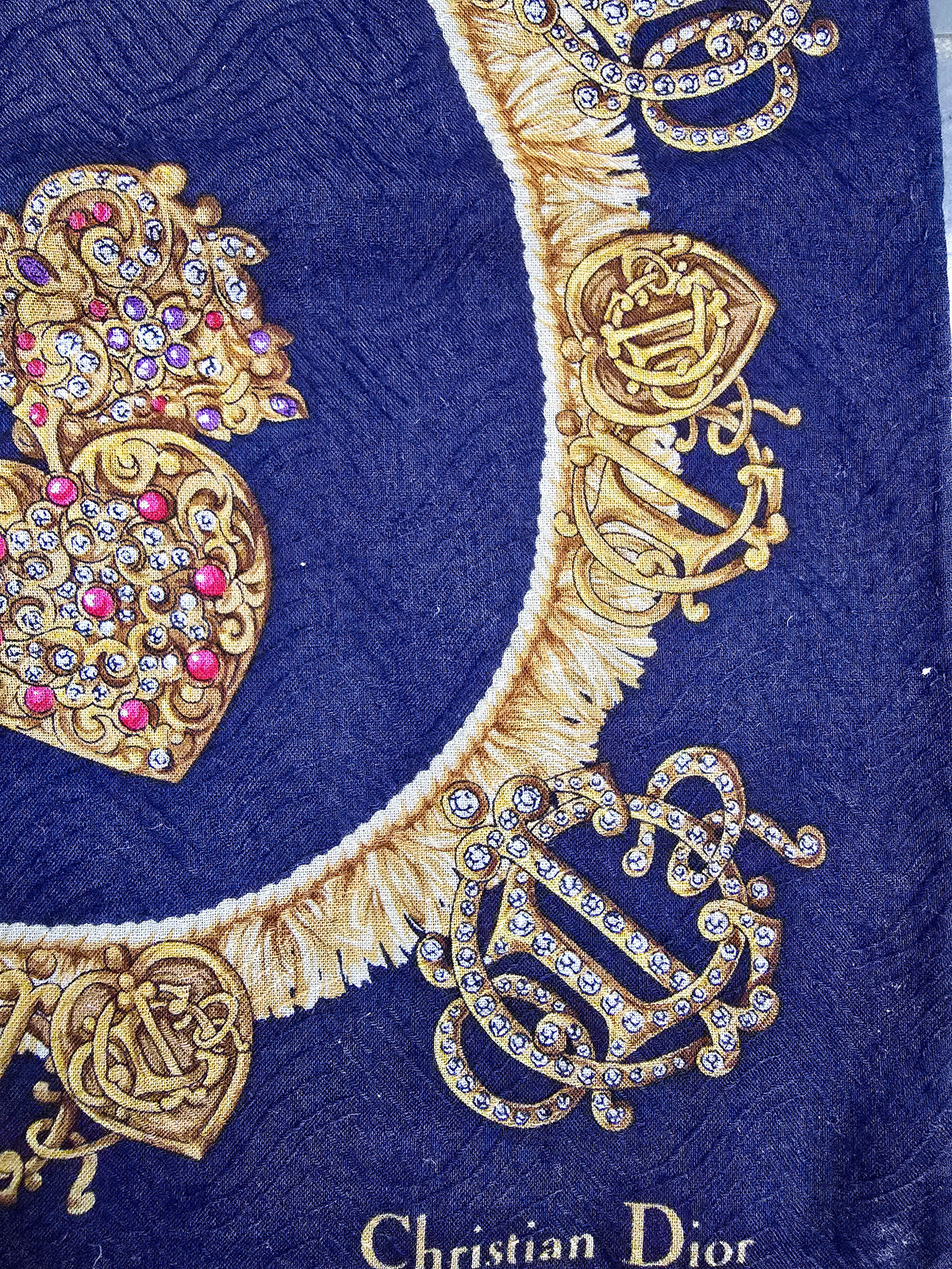 Foulard Bandana Dior Vintage Baroque Bleu Nuit et Jaune – 100% Coton