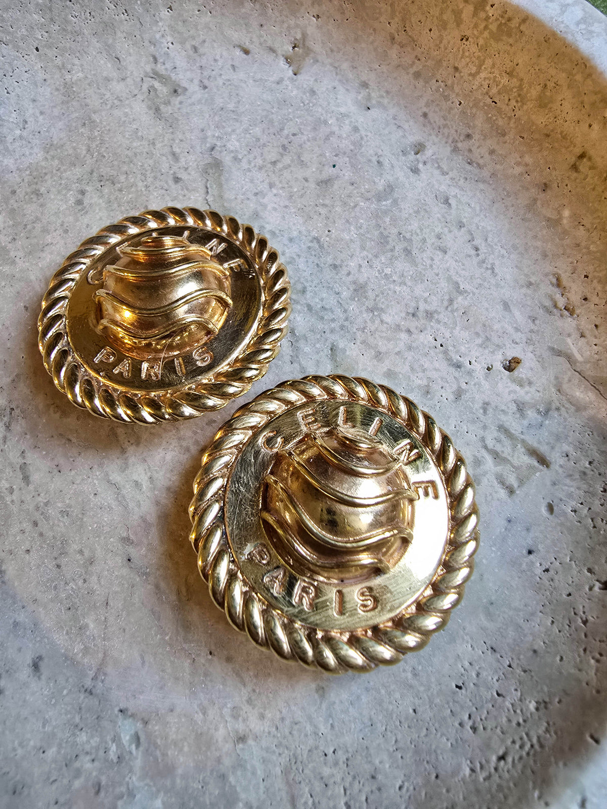 Boucles d’Oreilles Céline Vintage Maxi Dômes Plaqué Or