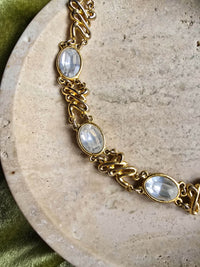 Collier Sonia Rykiel vintage plaqué or - Maillons entrelacés et strass ovales transparents