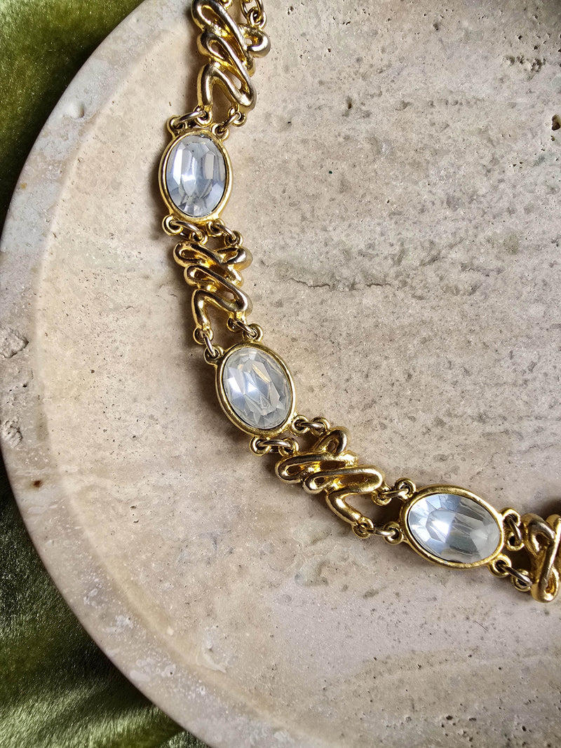 Collier Sonia Rykiel vintage plaqué or - Maillons entrelacés et strass ovales transparents