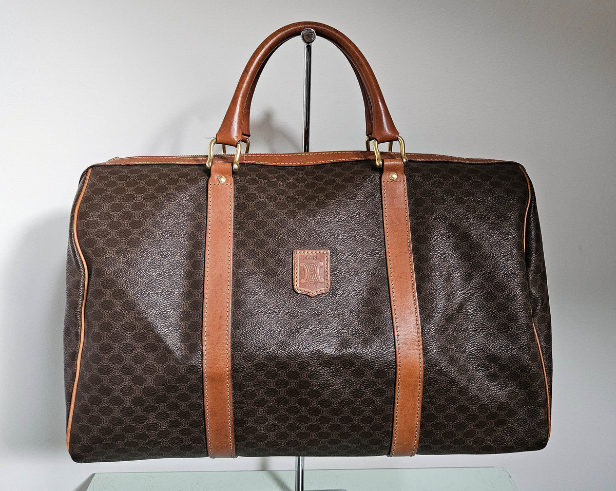 Sac de voyage Céline Boston Macadam vintage en toile enduite et cuir caramel