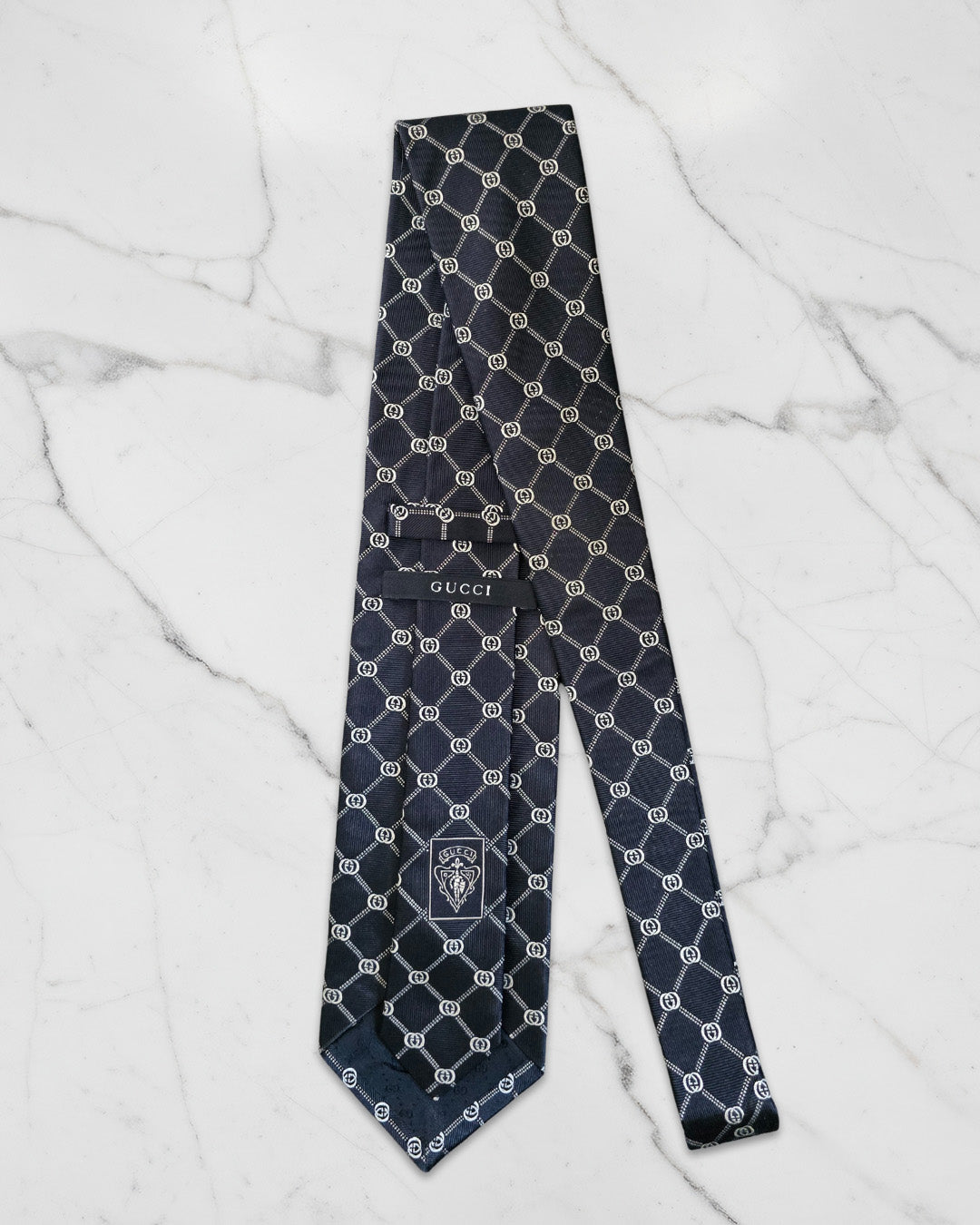 Vintage Gucci Silk Tie – Navy Blue with GG Grid Pattern