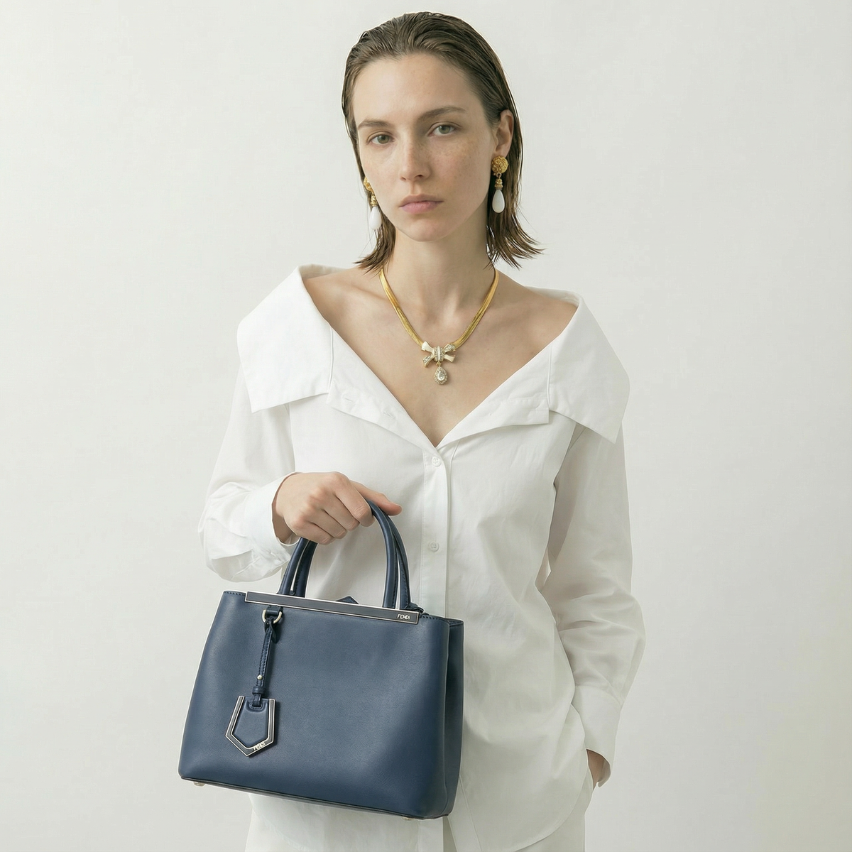 Fendi 2Jours Blue Leather Tote Bag