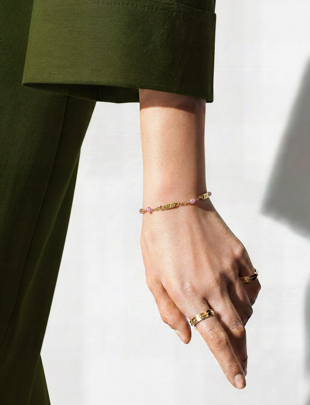 Courrèges Vintage Gold-Tone Pink Bead Logo Bracelet