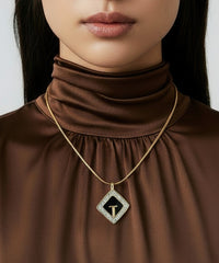 Givenchy Vintage Black Enamel & Gold-Tone Diamond-Shaped Pendant Necklace with Clear Rhinestones
