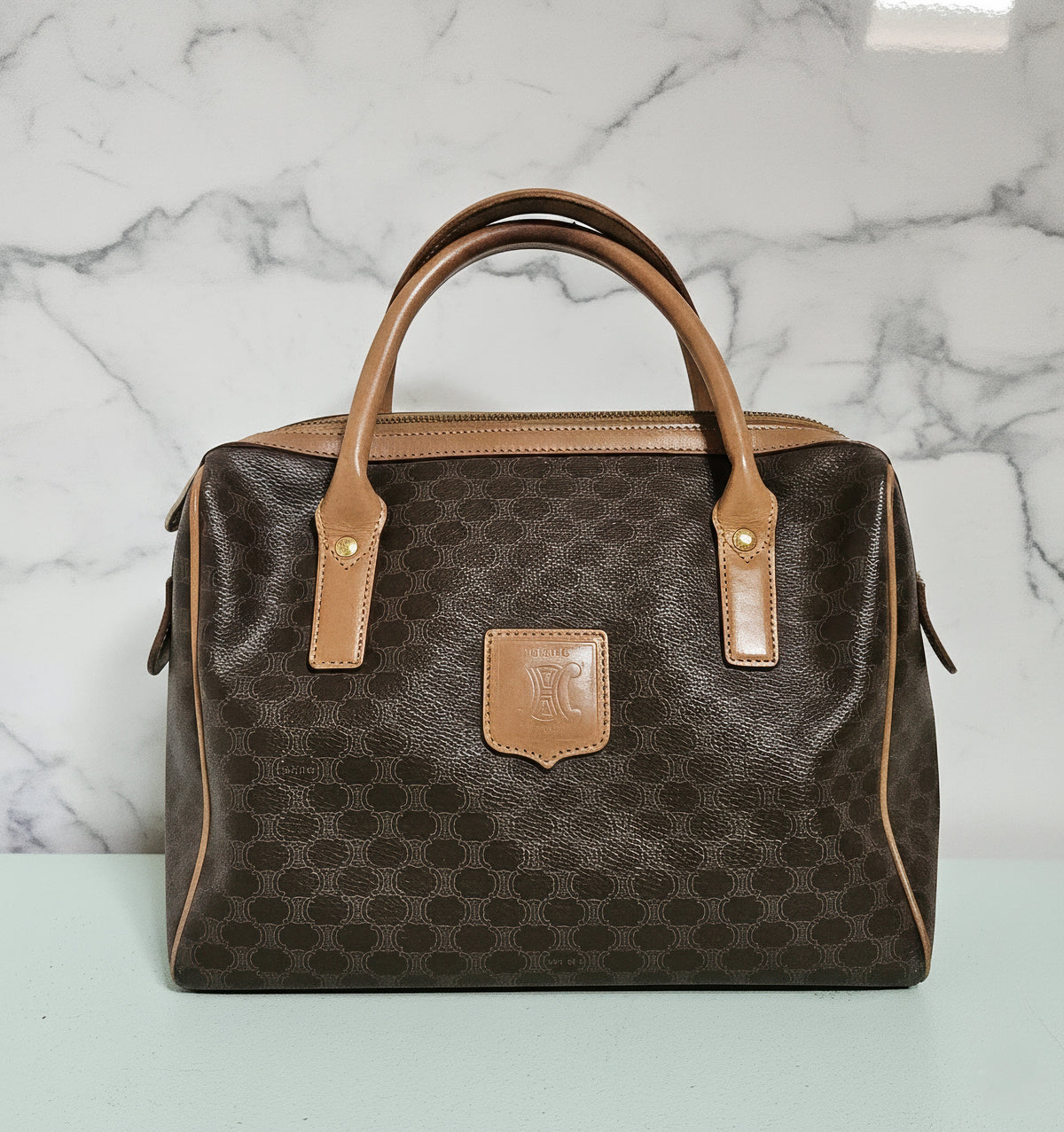 Celine Boston Bag in Macadam Coated Canvas with Beige Leather Trim