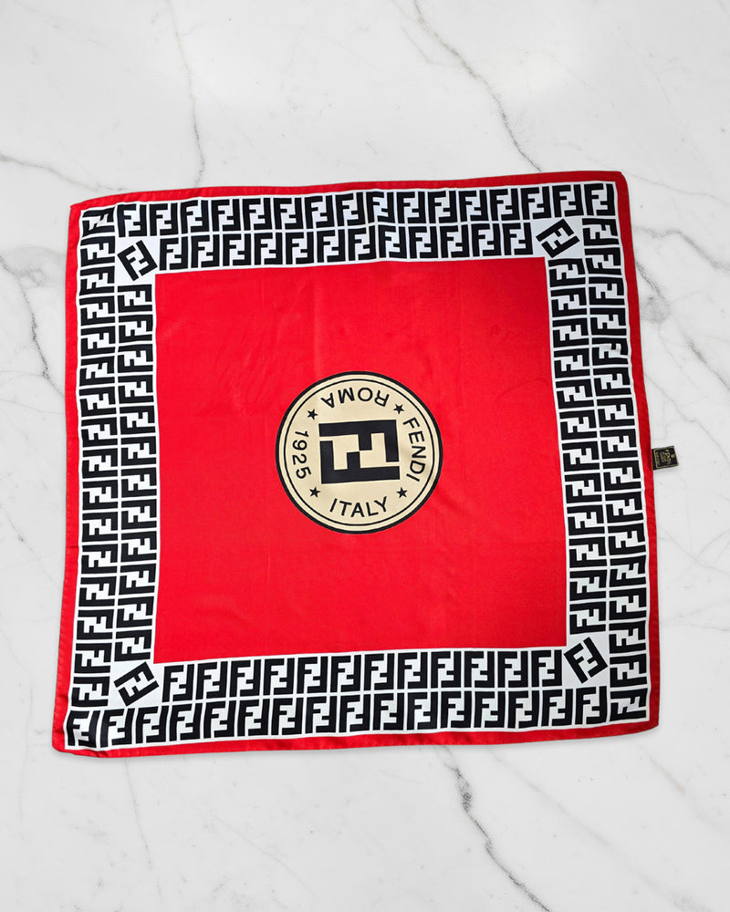 Vintage Fendi Red Logo Silk Scarf