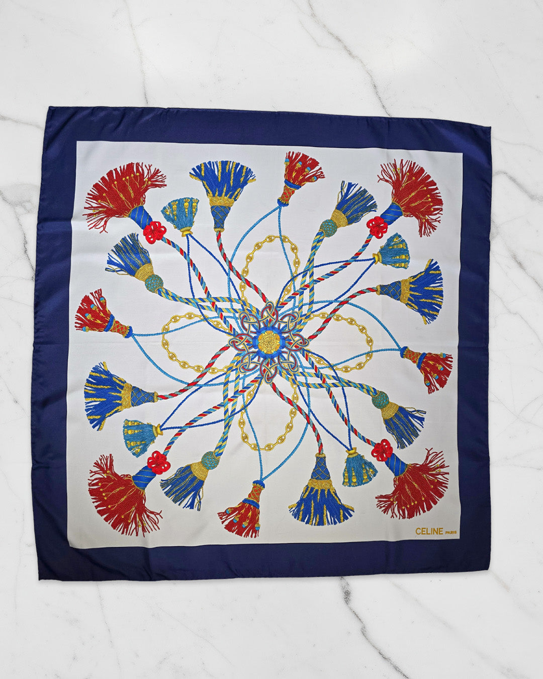 Vintage Celine Silk Scarf with Tassel & Chain Motif