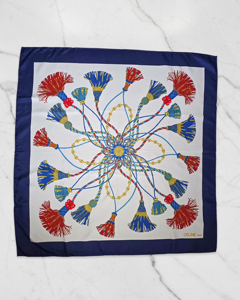 Vintage Celine Silk Scarf with Tassel & Chain Motif