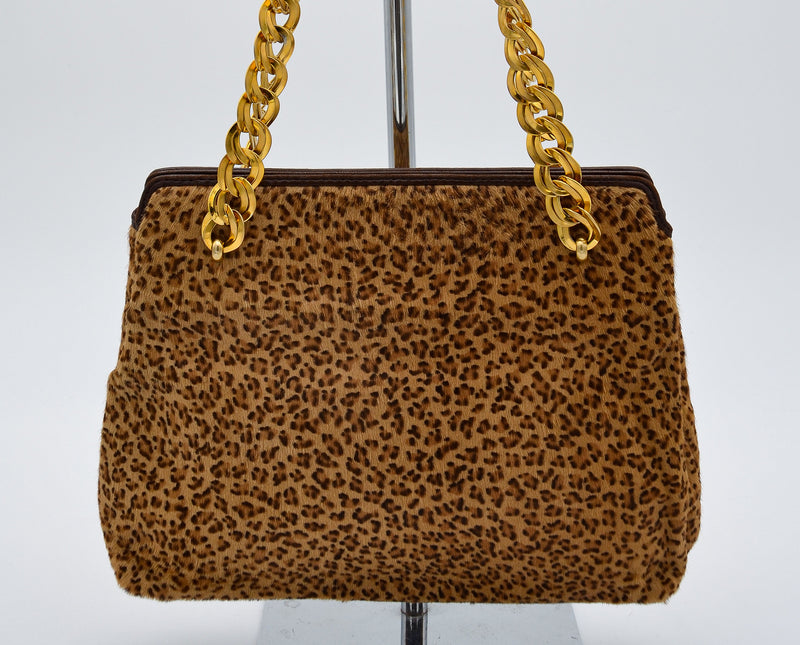 Sac Vintage Bottega Veneta En Crin Léopard À Chaîne Dorée