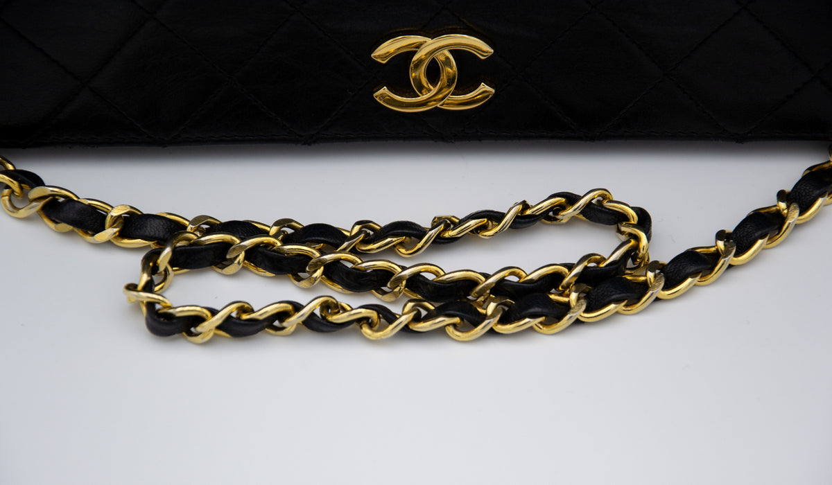 Vintage Chanel Timeless Single Flap Bag in Black Lambskin Leather
