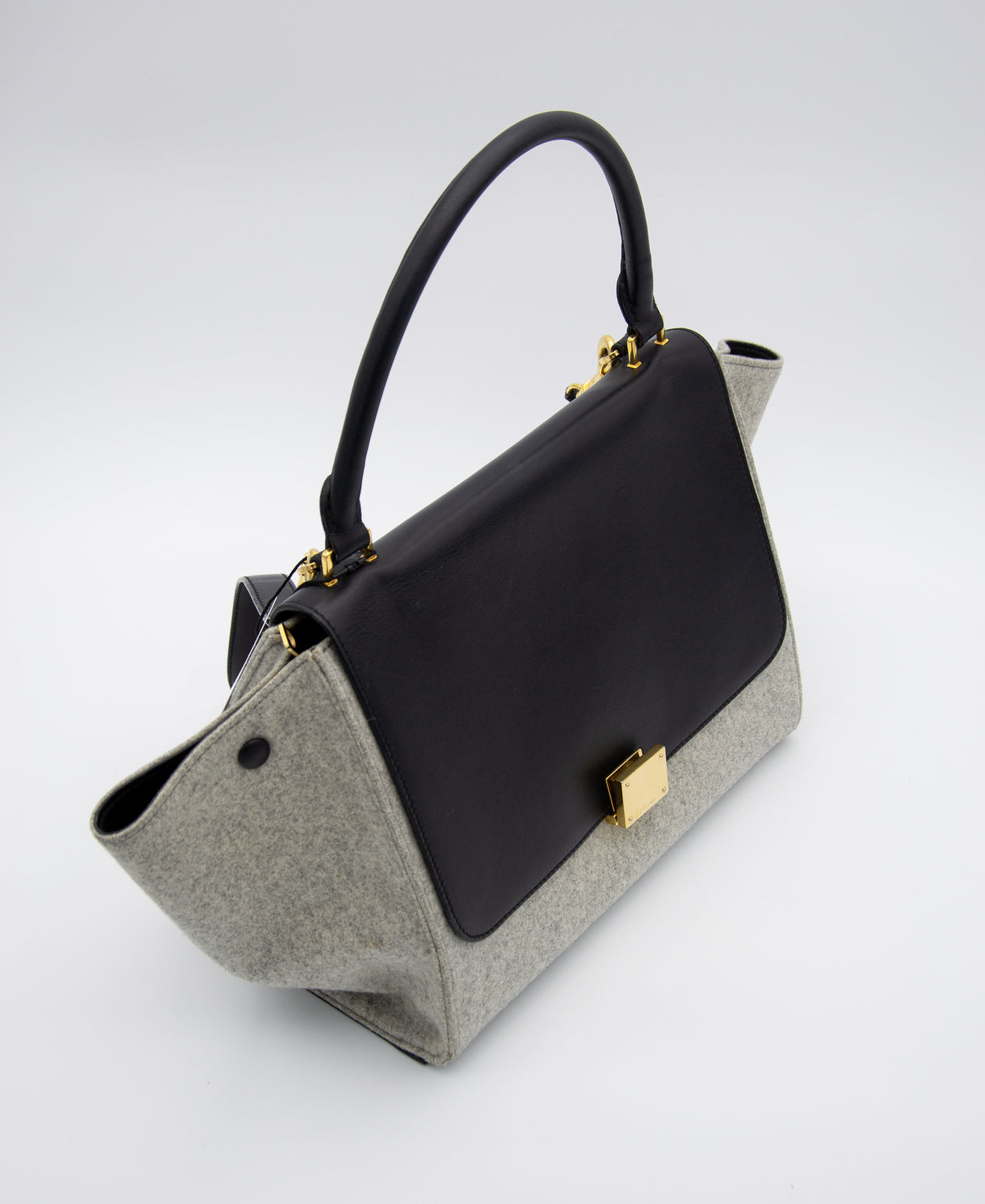 Sac trapèze Celine en cuir lisse noir et laine feutrée grise