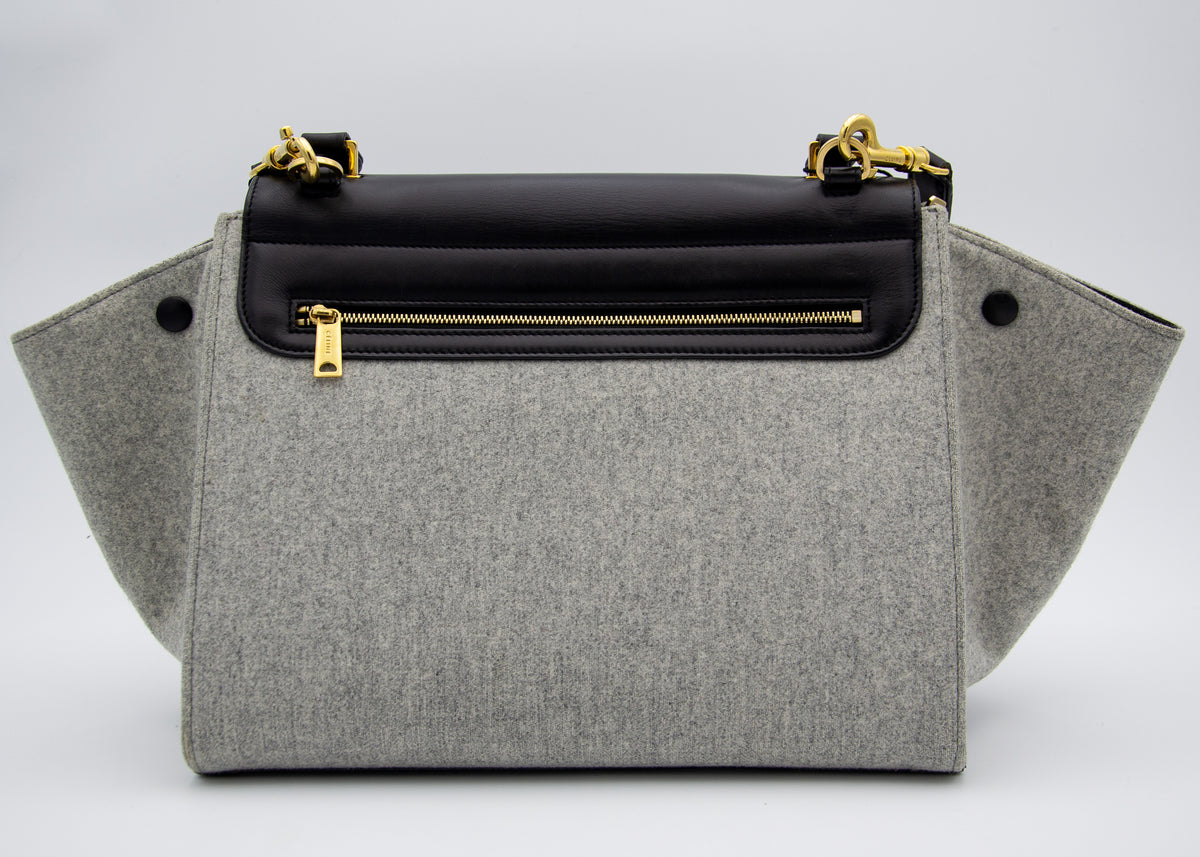 Sac trapèze Celine en cuir lisse noir et laine feutrée grise