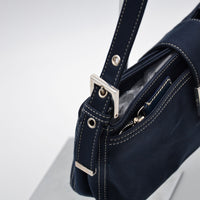 Sac Fendi Baguette Toile Bleu Marine Fermoir FF Émail Vintage