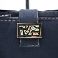 Sac Fendi Baguette Toile Bleu Marine Fermoir FF Émail Vintage