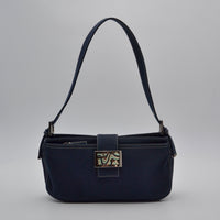 Sac Fendi Baguette Toile Bleu Marine Fermoir FF Émail Vintage