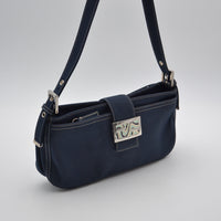 Sac Fendi Baguette Toile Bleu Marine Fermoir FF Émail Vintage