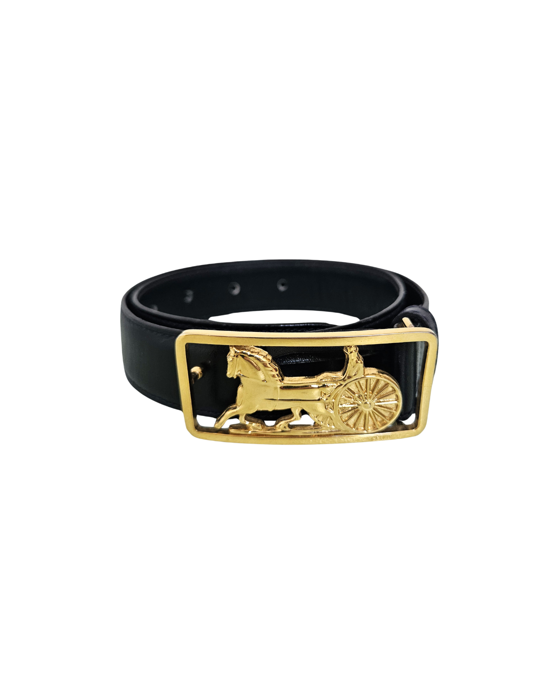 Celine Black Leather Belt horsecarriage buckle T.34