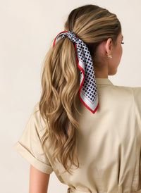 Celine Silk Scarf – Checkered Print, Navy & Red