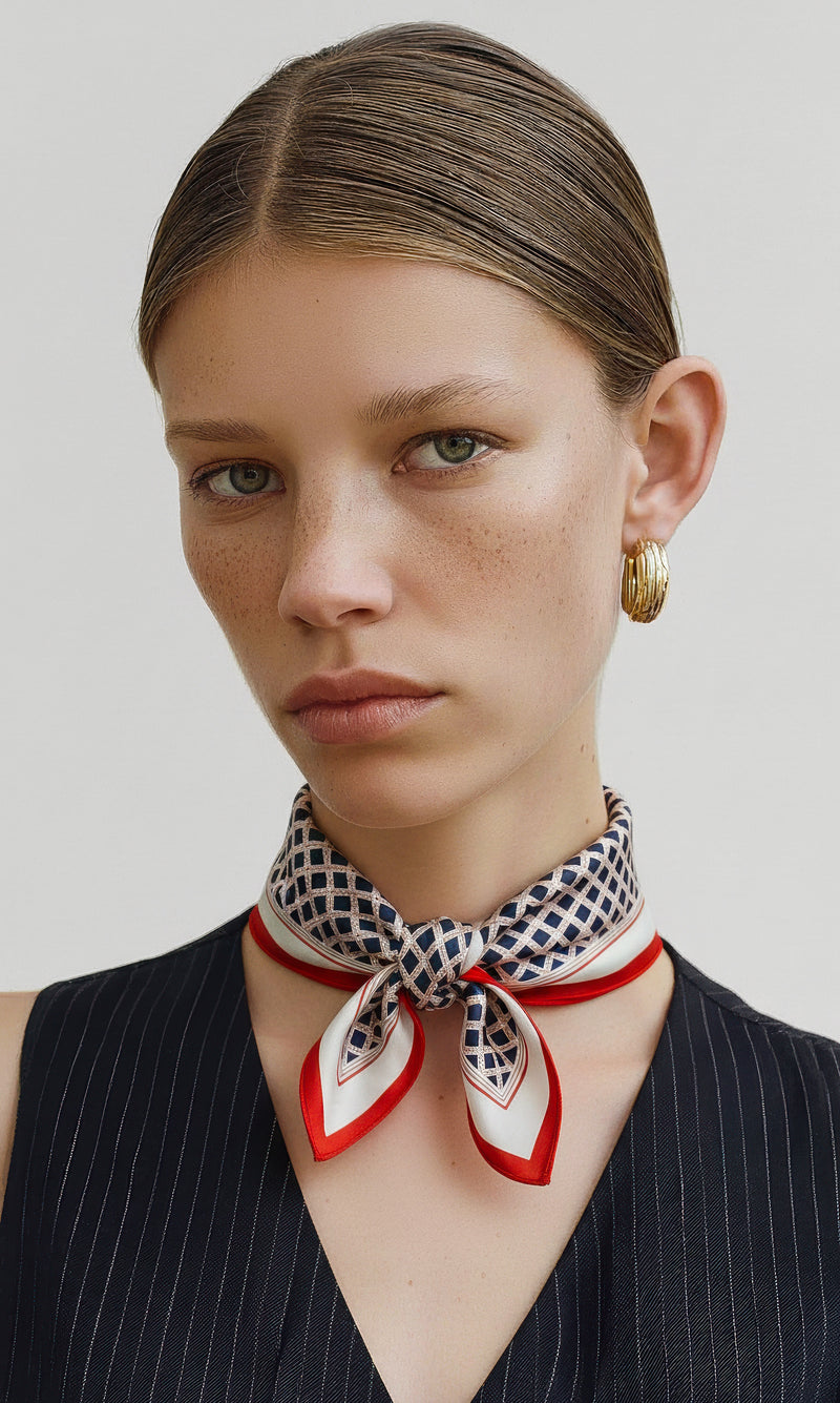 Celine Silk Scarf – Checkered Print, Navy & Red