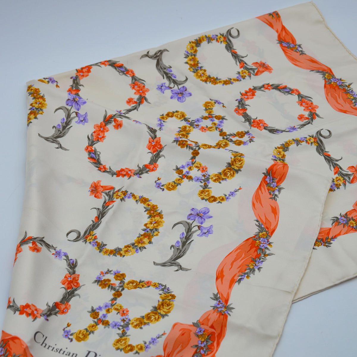 Foulard Christian Dior Vintage Soie Fleurs et Rubans