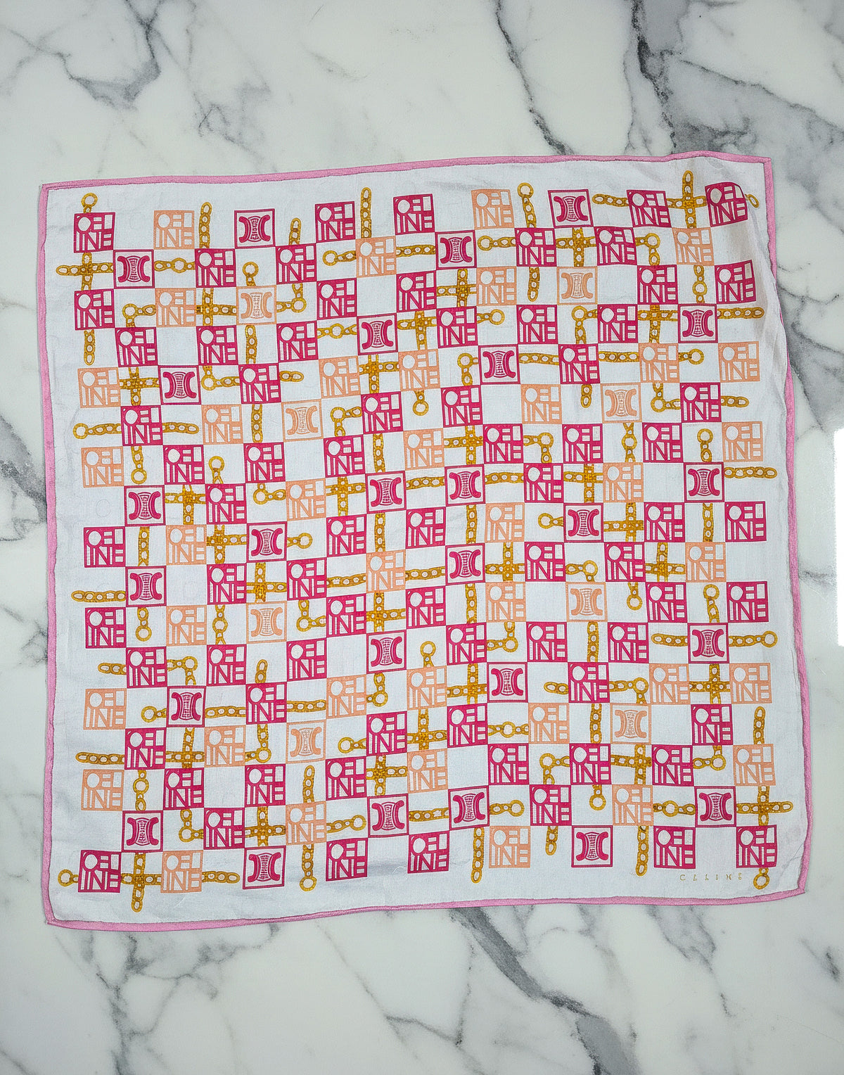 Celine Cotton Bandana Scarf  – Pink & Orange Logo Print