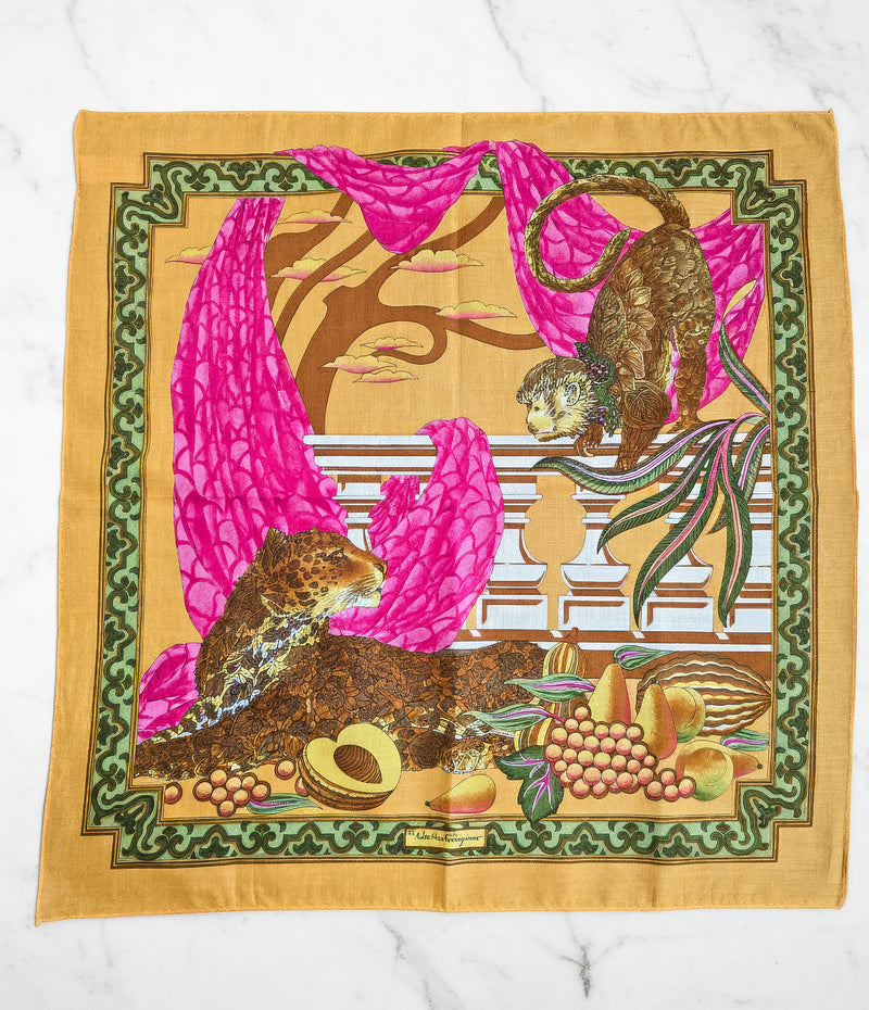 Vintage Salvatore Ferragamo Cotton Scarf – Exotic Animal & Fruit Print