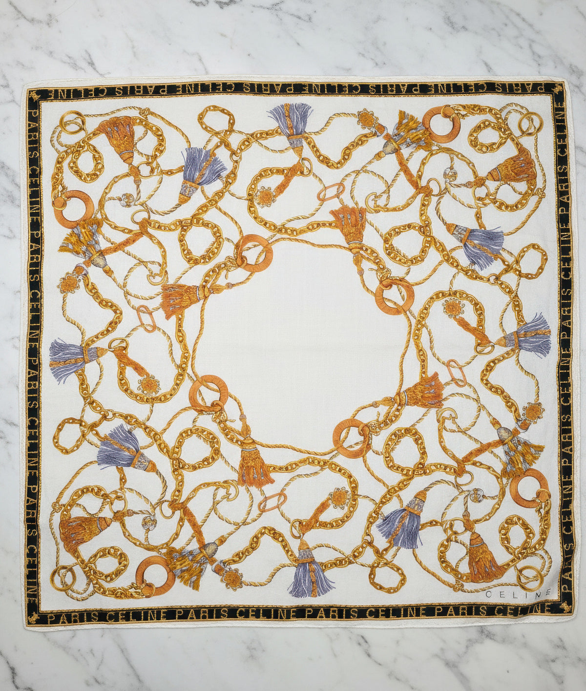 Celine Cotton Scarf  – White with Chain & Tassel Print