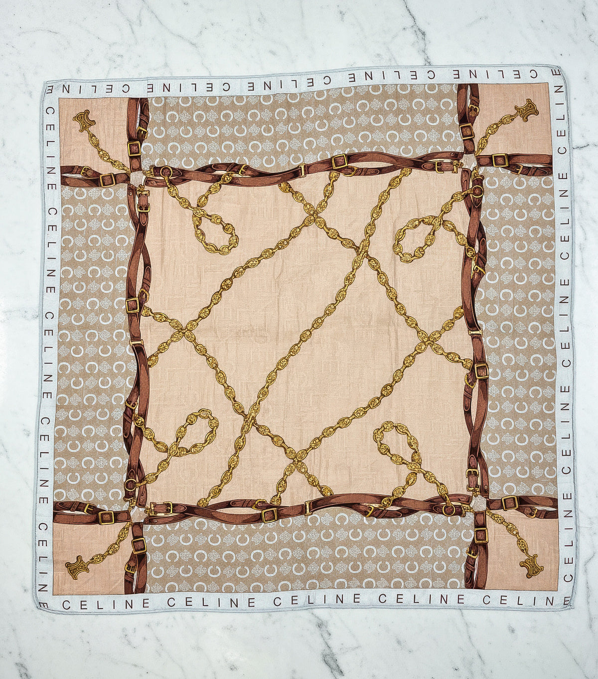 Celine Cotton Scarf – Beige & Salmon Equestrian Chain & Strap Print